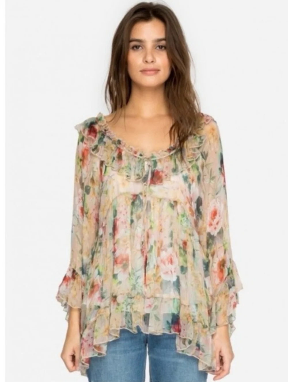JOHNNY WAS Aria Silk Flowy Whimsigoth Semi-sheer Abstract Pastel Floral Blouse